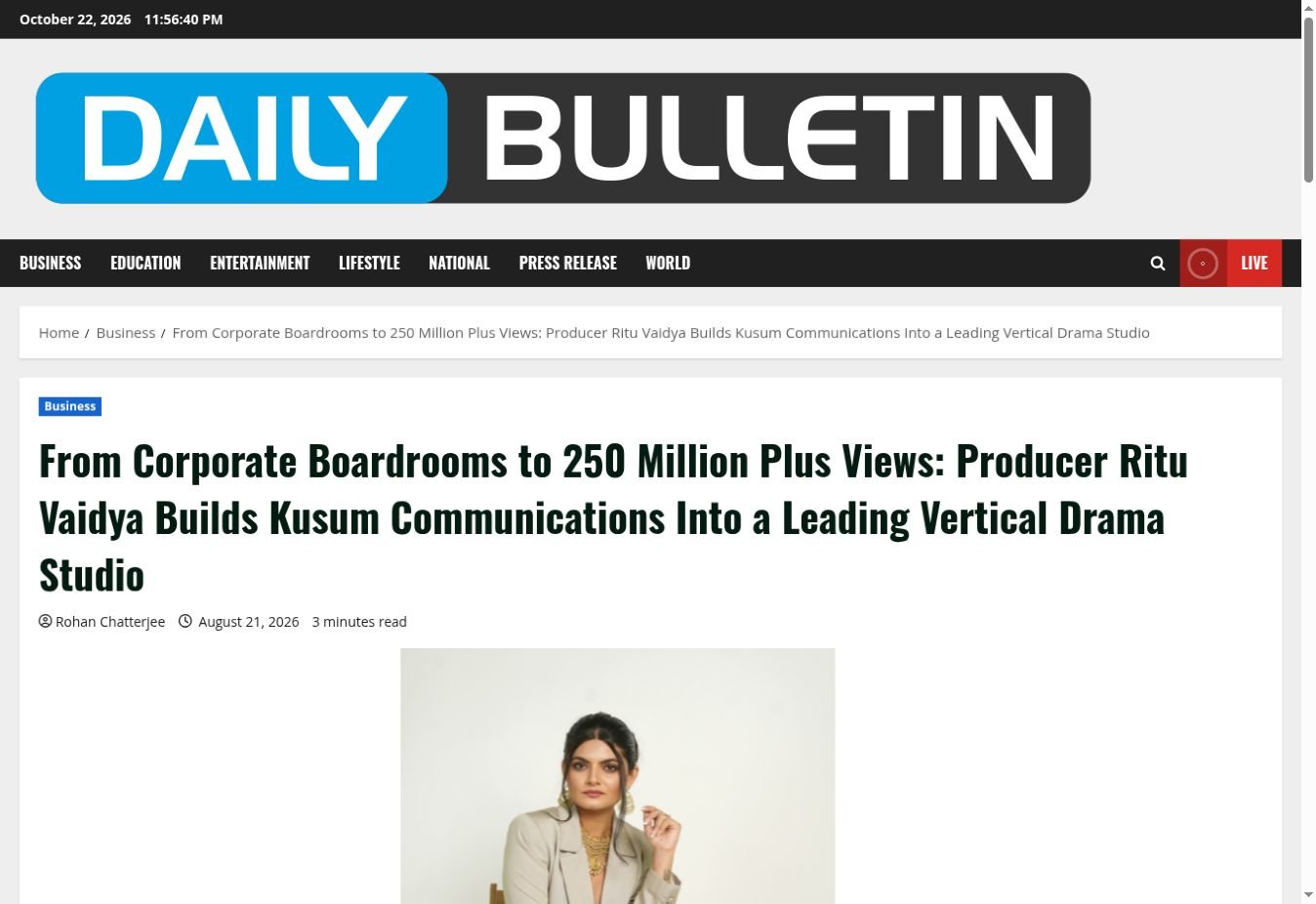 Daily Bulletin page capture showing the Kusum Communications story headline and founder photograph