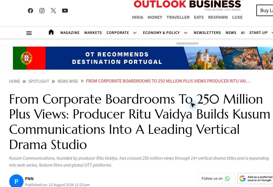 Outlook Business page capture showing its coverage of Ritu Vaidya and Kusum Communications